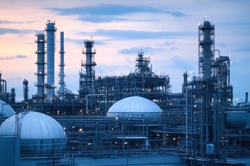 Large industrial refinery at dusk; complex network of towers and pipes. Illustrates petroleum processing, energy production, and industrial infrastructure.