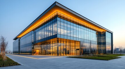 Obraz premium Modern commercial building with large glass facades and multiple entrances, surrounded by paved floors and a simple sky background, designed in a contemporary architectural style