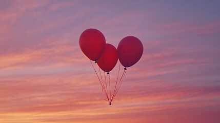 Obraz premium A trio of Valentine day balloons in shades of red and pink gently floating together in a sunset sky