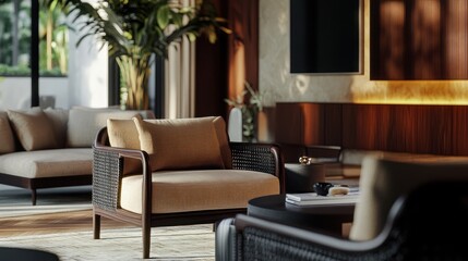 Luxury Living Room,  Relaxing Chair, Ocean View, Sunset, Interior Design