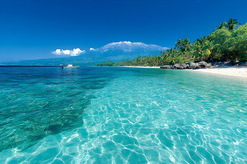 Fototapeta premium Tropical Beach Paradise: Clear Water, Palm Trees