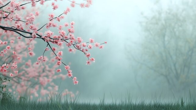 Delicate pink cherry blossoms against misty turquoise background with grass, perfect for spring designs, wedding invitations, spa branding, wellness materials, meditation apps, Asian-inspired layouts