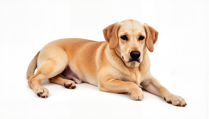 Adorable dog lying on white background, pet companionship