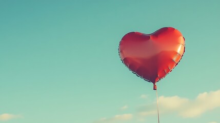 Obraz premium A solitary red heart balloon with a shimmering finish gliding effortlessly in a clear blue sky