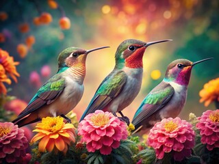 Fototapeta premium A retro-styled photo set: antique camera, floral background, four hummingbirds, showcasing vintage nature photography.