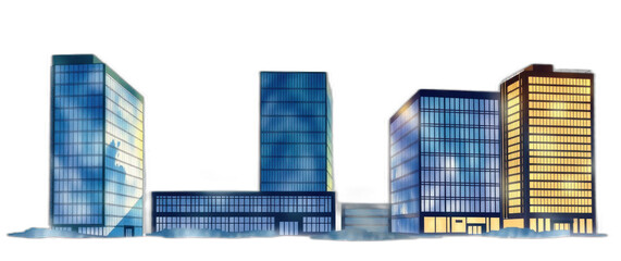 Night cityscape, modern buildings, city lights, fog. Website banner.