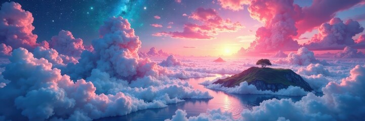 Fototapeta premium Ethereal watercolor washes, swirling nebulae, floating islands , vibrant, digital, abstract
