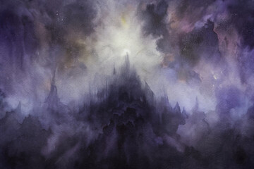 Dark fantasy landscape, mystical mountain silhouette, ethereal light, dramatic sky, watercolor style, atmospheric depth.