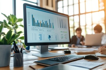 Asian team collaborates in office to analyze financial data and discuss business strategies