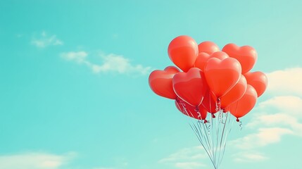 Obraz premium A bundle of red heart-shaped balloons tied with delicate ribbons ascending into a calm blue sky