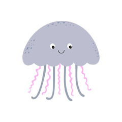
Cute cartoon smiling jellyfish. Vector illustration of an inhabitant of the underwater world. 
