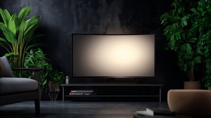 A sleek curved TV mockup displayed on a modern TV stand, surrounded by lush indoor plants, creating a contemporary and elegant living room setup