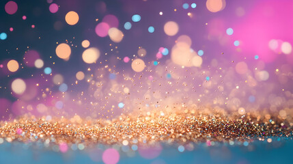 Floating golden particles enhancing pink and aqua bokeh lights indoors on a soft lavender backdrop