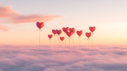 Fototapeta premium A collection of red heart-shaped balloons tied with soft ribbons drifting in a calm sky of soft hues