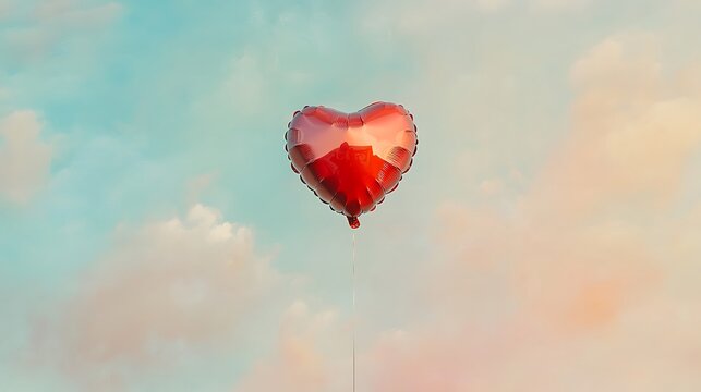 A single glossy red Valentine day heart balloon floating gracefully in a pastel sky of light colors