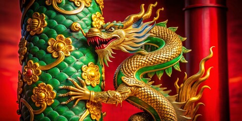 Obraz premium Golden Dragon Statue Wrapped Around Jade Green Pillar, Red Background, Gold Accents - Asian Art Stock Photo