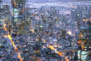 Naklejka premium Futuristic nighttime urban cityscape showcasing modern skyscrapers and vibrant highways