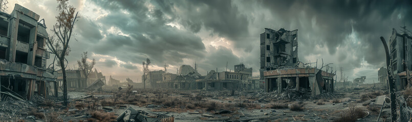 Obraz premium A post-apocalyptic cityscape with crumbling buildings and a dark, ominous sky