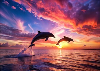 Panoramic Pink Sunset Over Serene Coastal Scene with Two Playful Dolphins