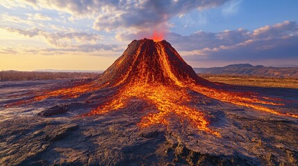 Fototapeta premium A dramatic volcano erupts with glowing lava flows against a sunset backdrop. Ideal for nature documentaries, disaster films, or educational materials.