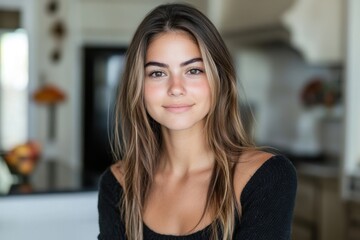 Obraz premium Young woman with long brown hair smiles gently. Perfect for beauty, fashion, or lifestyle projects needing a friendly face.
