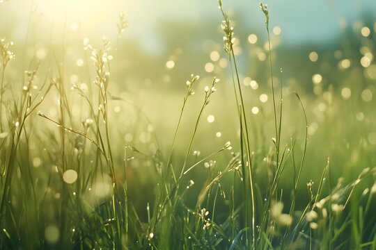 Grass with morning dew in sunlight, horizontal. spring wellness campaigns, eco-friendly initiatives, and natural lifestyle content. for Earth Day events, environmental awareness, mindfulness