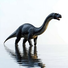 Obraz premium A digital rendering of a dinosaur standing in shallow water, showcasing its features and reflection.