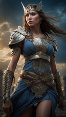 Obraz premium A powerful, mythical female warrior standing amidst ancient ruins