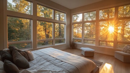 Fototapeta premium Contemporary Bedroom with Natural Light and Scenic View at Sunset
