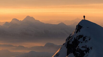 Silhouetted hiker on snowy mountain peak at sunset, overlooking a vast mountain range.