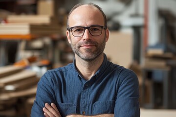 Obraz premium Smiling man with glasses, arms crossed, in workshop. Perfect for business, craftsmanship, or skilled labor concepts.