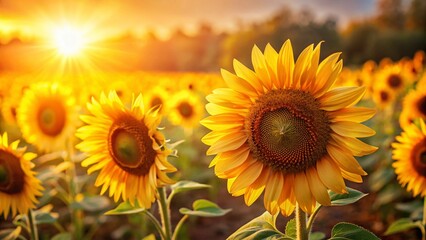 Obraz premium Golden Hour Sunflowers: Backlit Blooms, Copy Space for Text