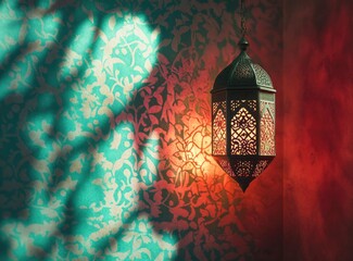 A delicate Arabic lantern casting an intricate pattern of light on the wall, creating a warm and inviting atmosphere for the Ramadan Kareem celebration. The soft glow illuminates traditional Islamic