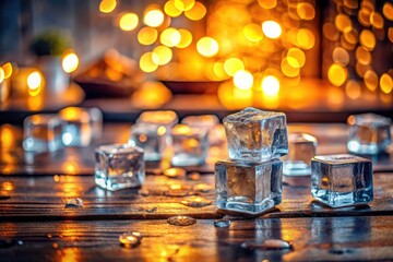 Bokeh-style kitchen image:  melted ice, wooden floor, high resolution detail.