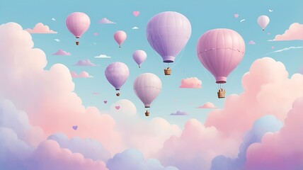 Whimsical Sky Scene with Heart Balloons, Rainbow, and Fluffy Clouds
