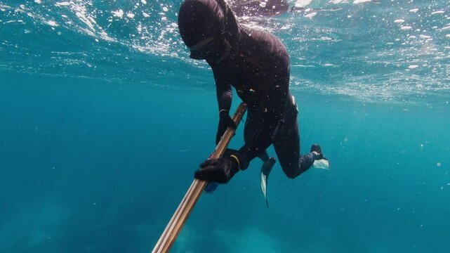 Sea spearfishing. Man reloads the speargun. Underwater view of the freediver hunting with speargun