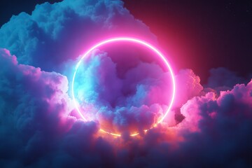 Obraz premium 3d render of abstract cloud with neon light ring in dark night sky featuring glowing geometric shape