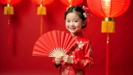 Smiling Chinese samll girl in traditional dress holding fan against background of Chinese lanterns