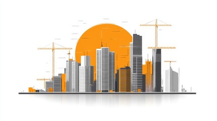 Obraz premium Modern city skyline at sunset, under construction, stylized graphic design
