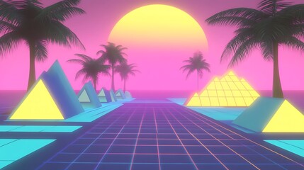 Naklejka premium Retro Futuristic Palm Tree Pyramid Sunset Landscape