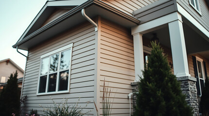 Exterior view of a two-toned beige house featuring vinyl siding, a window, a covered porch with a white column, and landscaping.