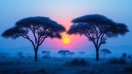 Serengeti Sunrise Two Acacia Trees Silhouette