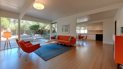 A mid-century modern living room with stylish furniture and blank white walls