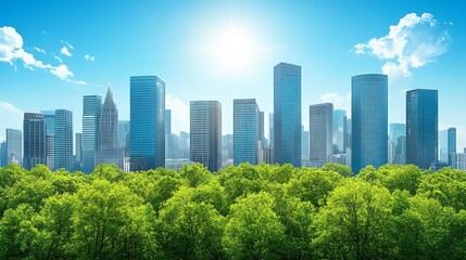 Fototapeta premium Modern cityscape skyline nestled amidst a vibrant, lush green canopy of trees