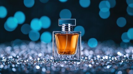 Elegant Crystal Perfume Bottle Glimmering with Glitter on a Chic Table Surrounded by Soft Light Creating a Luxurious and Dreamy Atmosphere for Beauty