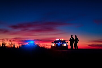 Fototapeta premium Police officers silhouetted by patrol car lights capturing law enforcement action at night