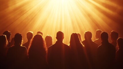 Fototapeta premium A powerful image of a choir harmonizing on stage, with focused expressions and a dramatic light filtering from above, creating a sense of unity and passion