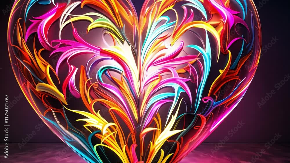 Poster heart of neon: a vibrant, abstract heart pulsates with a kaleidoscope of neon colors, creating a mes