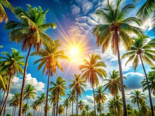 Panoramic Summer Landscape: Palm Trees & Vibrant Blue Sky - Stock Photo