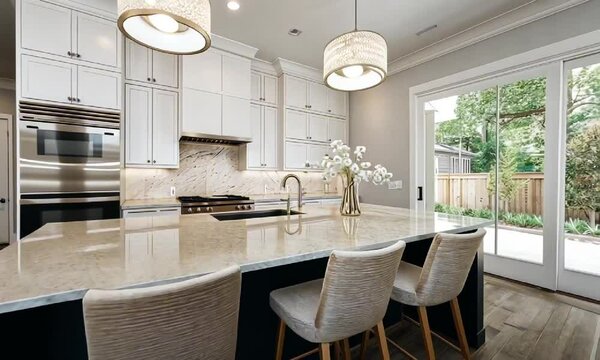 Modern kitchen interior with marble countertops and stylish lighting